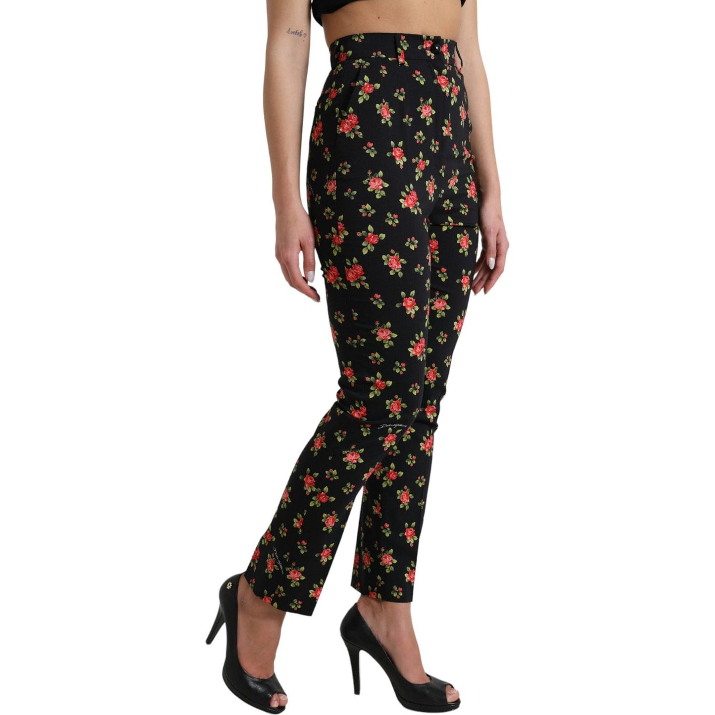 Dolce & Gabbana Elegant High-Waist Floral Tapered Pants black-floral-wool-high-waist-tapered-pants