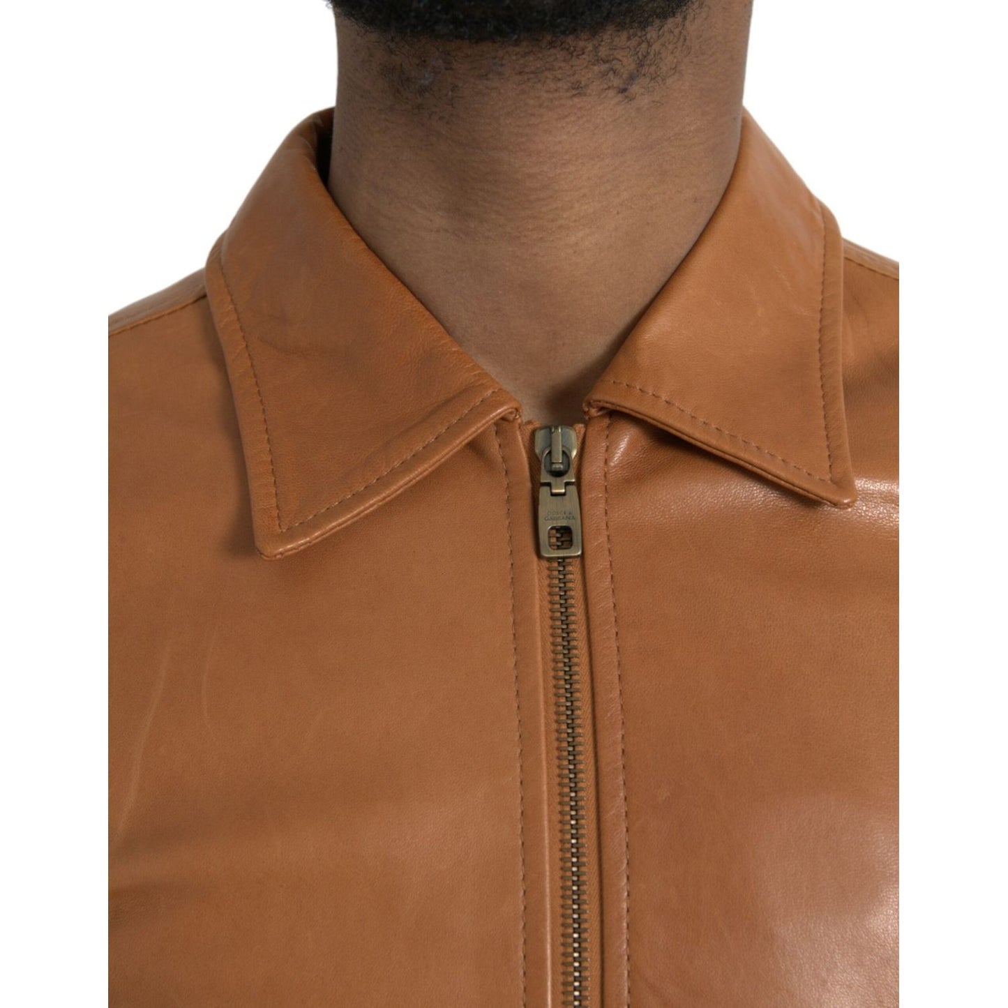 Dolce & Gabbana Brown Lamb Leather Full Zip Blouson Jacket brown-lamb-leather-full-zip-blouson-jacket