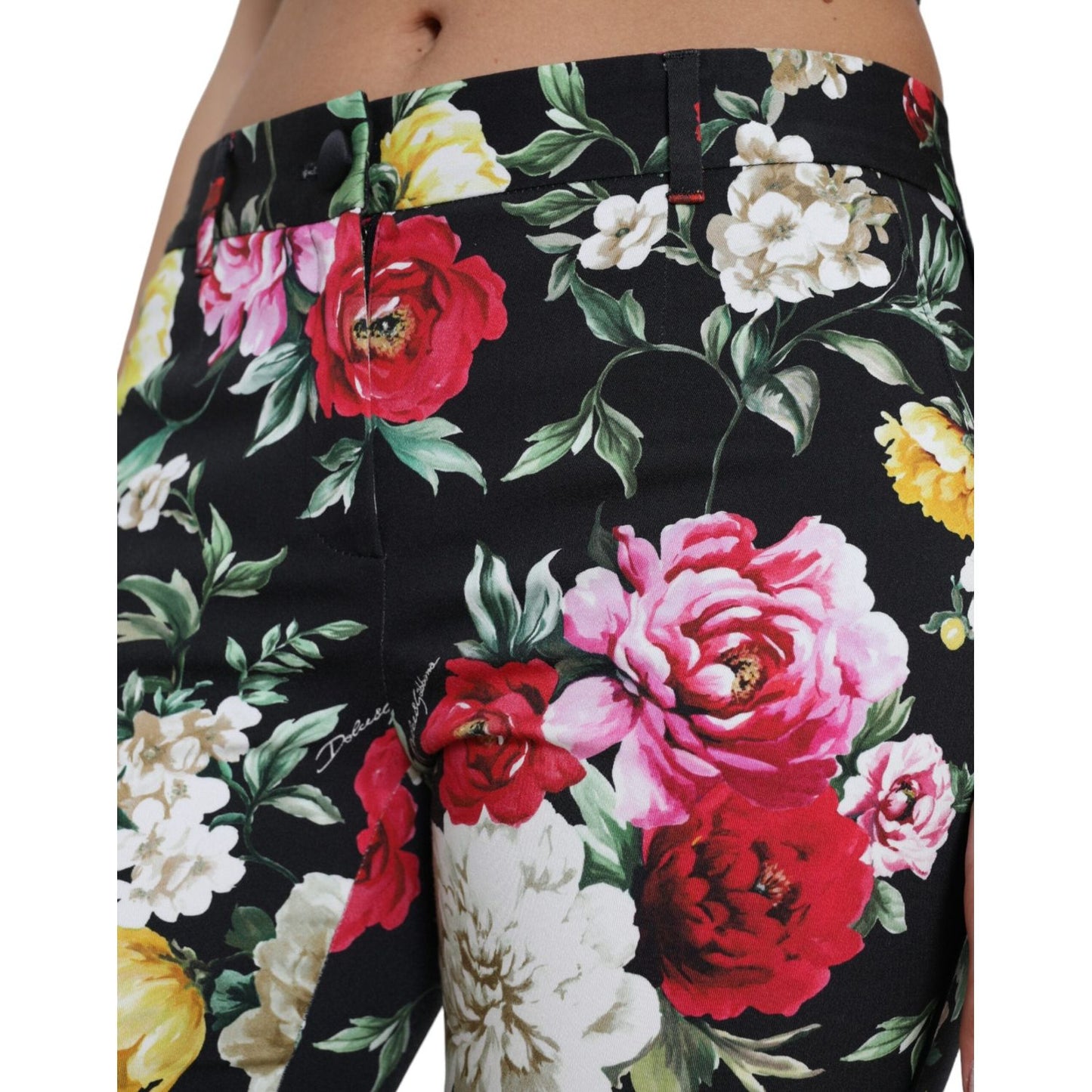 Dolce & Gabbana Elegant Floral Mid Waist Cropped Pants black-floral-print-mid-waist-cropped-pants