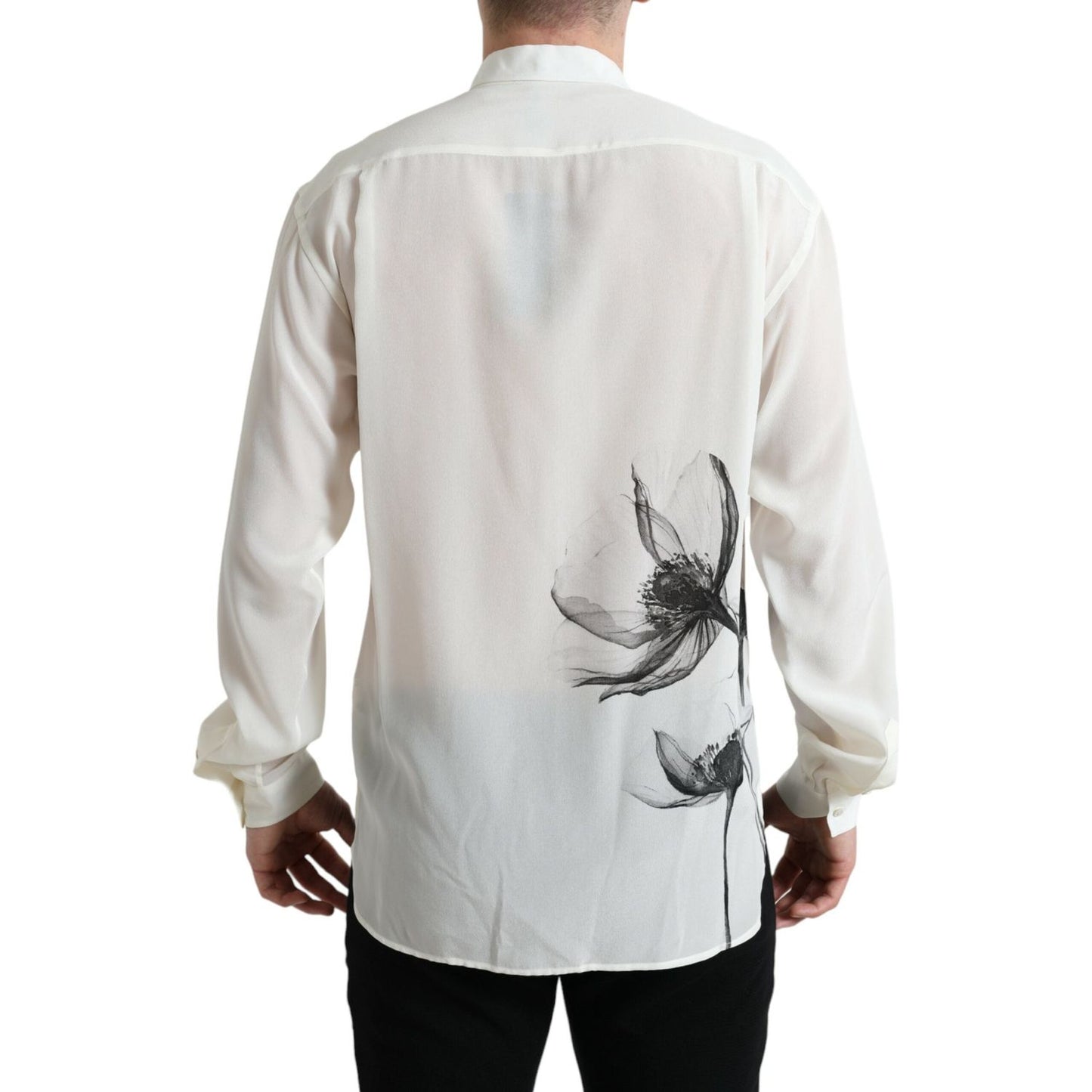 Dolce & Gabbana Elegant Floral Silk Dress Shirt white-floral-collared-dress-silk-shirt