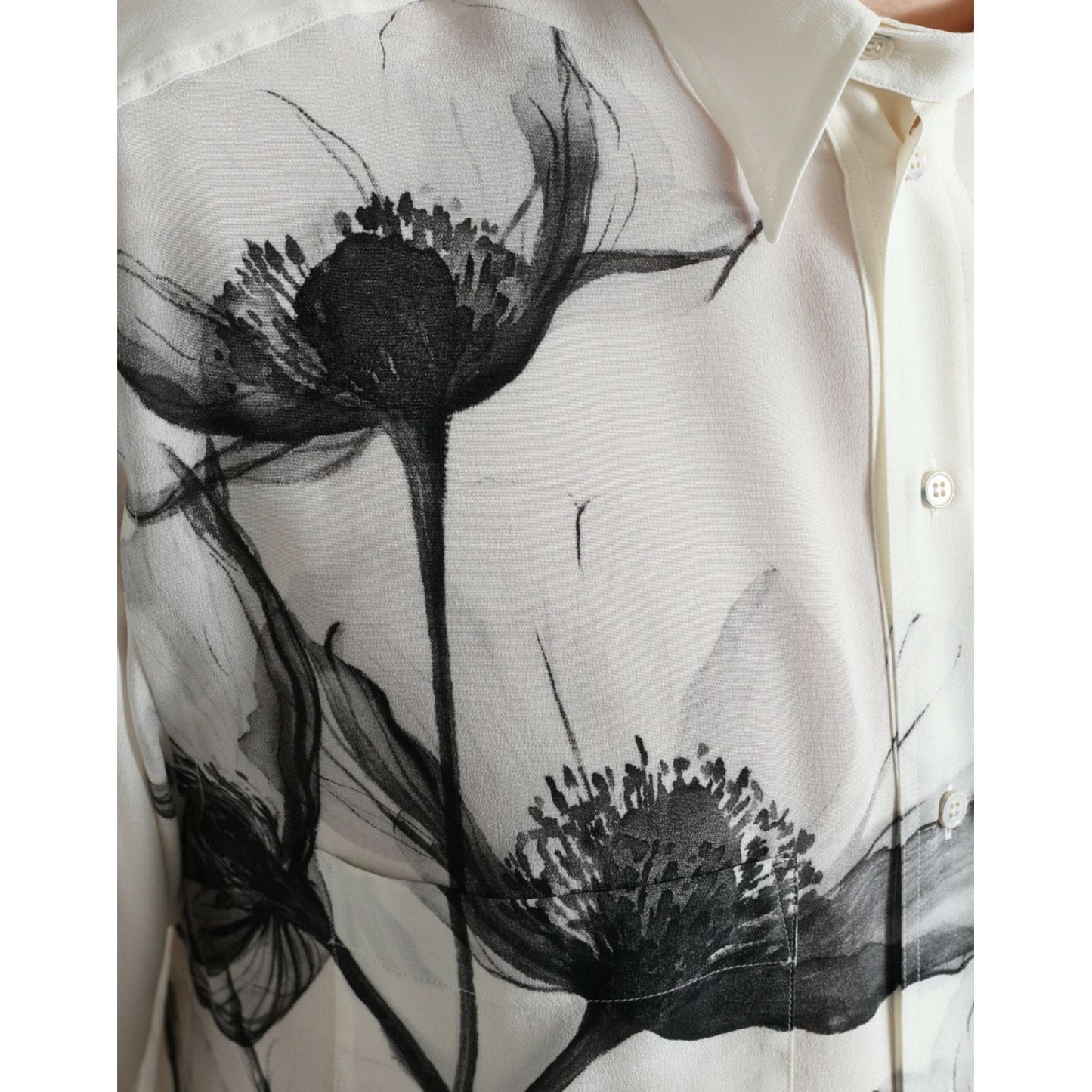 Dolce & Gabbana Elegant Floral Silk Dress Shirt white-floral-collared-dress-silk-shirt