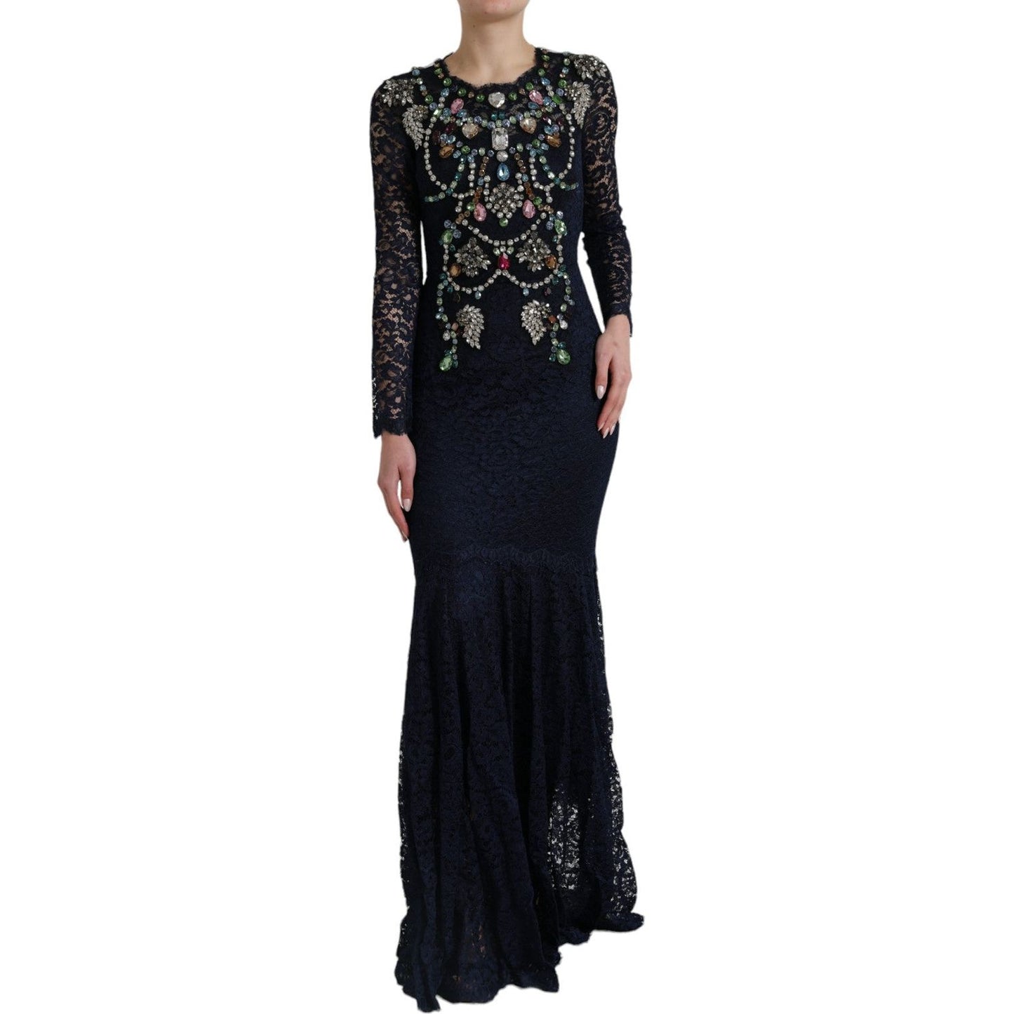Dolce & Gabbana | Crystal Embellished Navy Blue Flare Dress| McRichard Designer Brands   