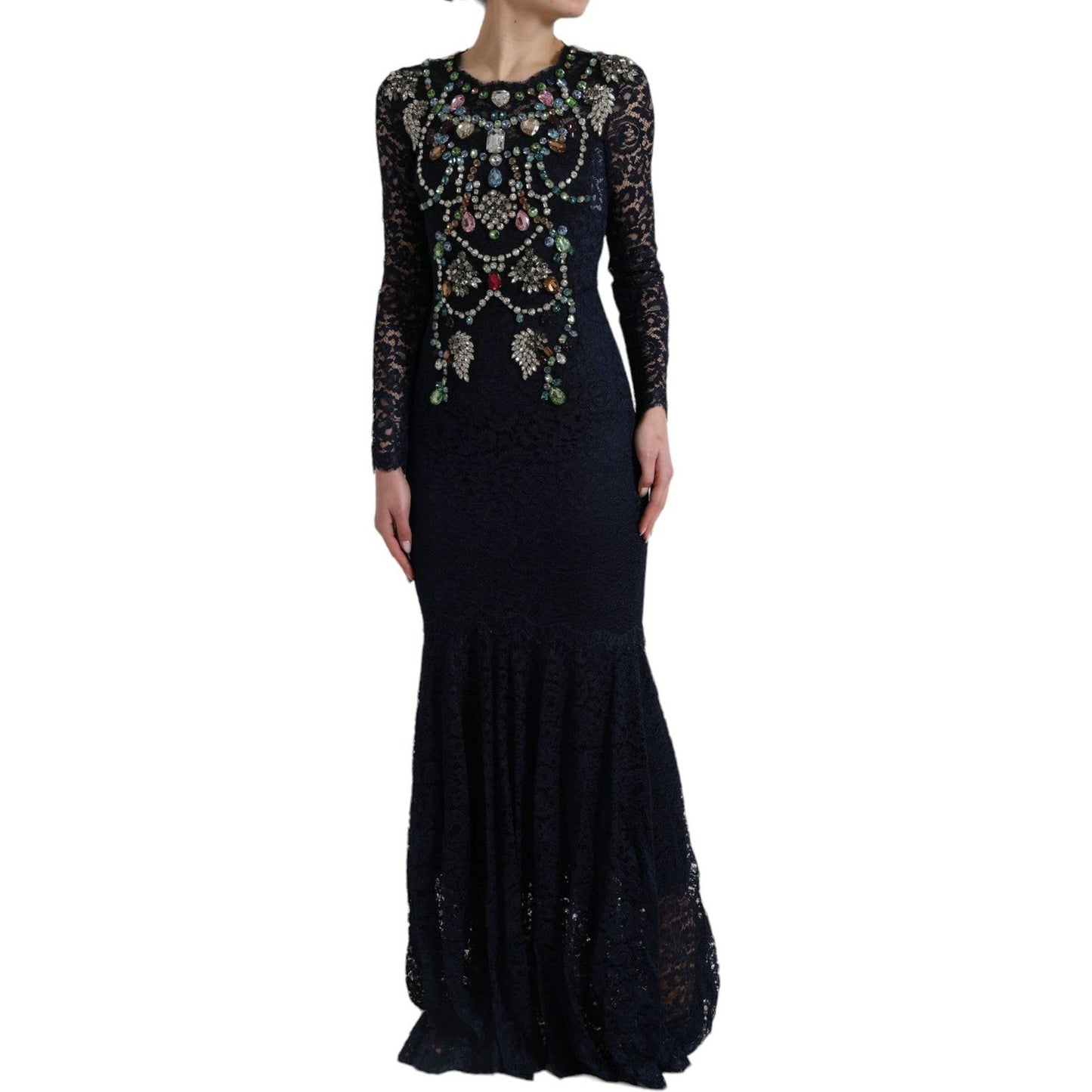 Dolce & Gabbana Crystal Embellished Navy Blue Flare Dress blue-crystal-floral-lace-long-gown-dress