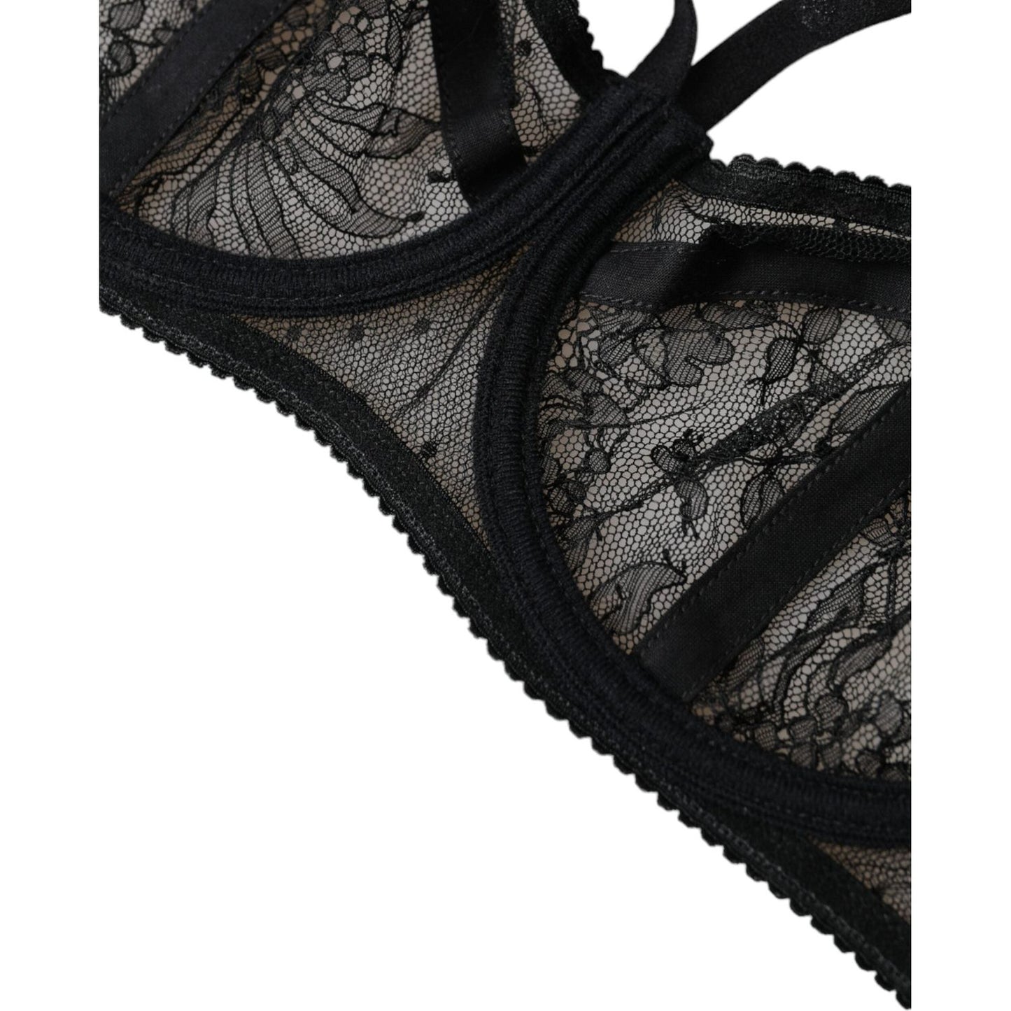 Black Floral Lace Nylon Balconcino Bra Underwear