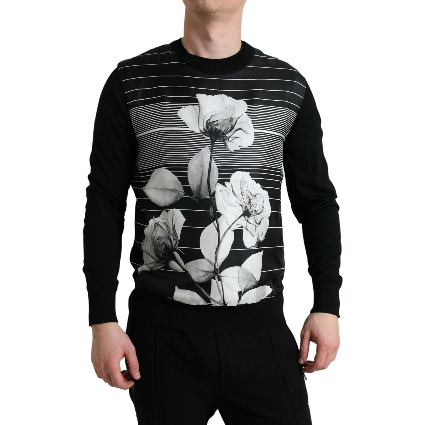 Dolce & Gabbana Elegant Floral Print Crew Neck Sweater black-floral-print-wool-silk-pullover-sweater