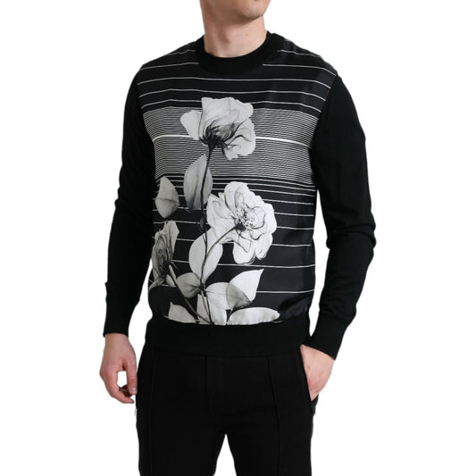 Dolce & Gabbana Elegant Floral Print Crew Neck Sweater black-floral-print-wool-silk-pullover-sweater