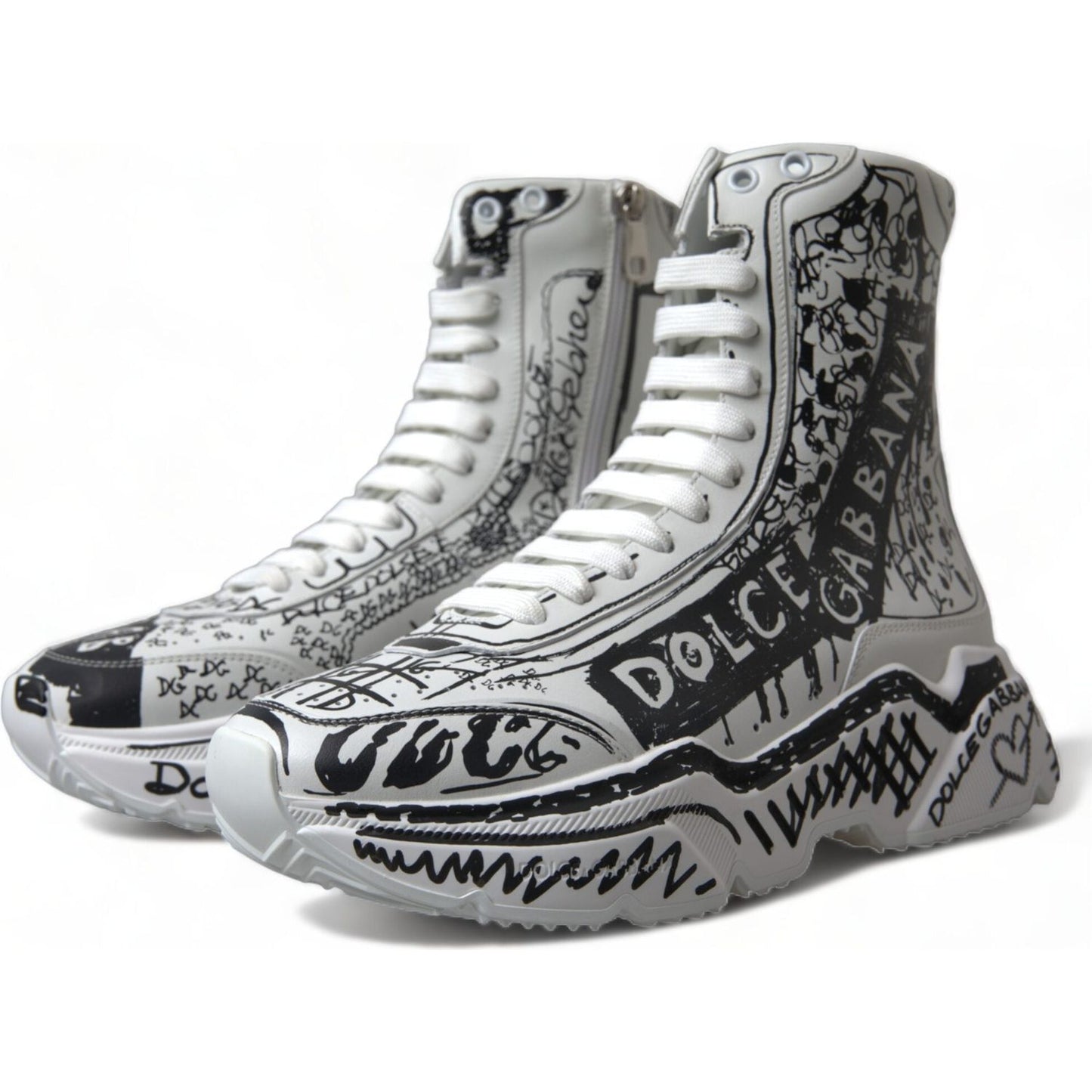Dolce & Gabbana Daymaster Graffiti Print Mid Top Sneakers white-black-graffiti-daymaster-sneakers-shoes