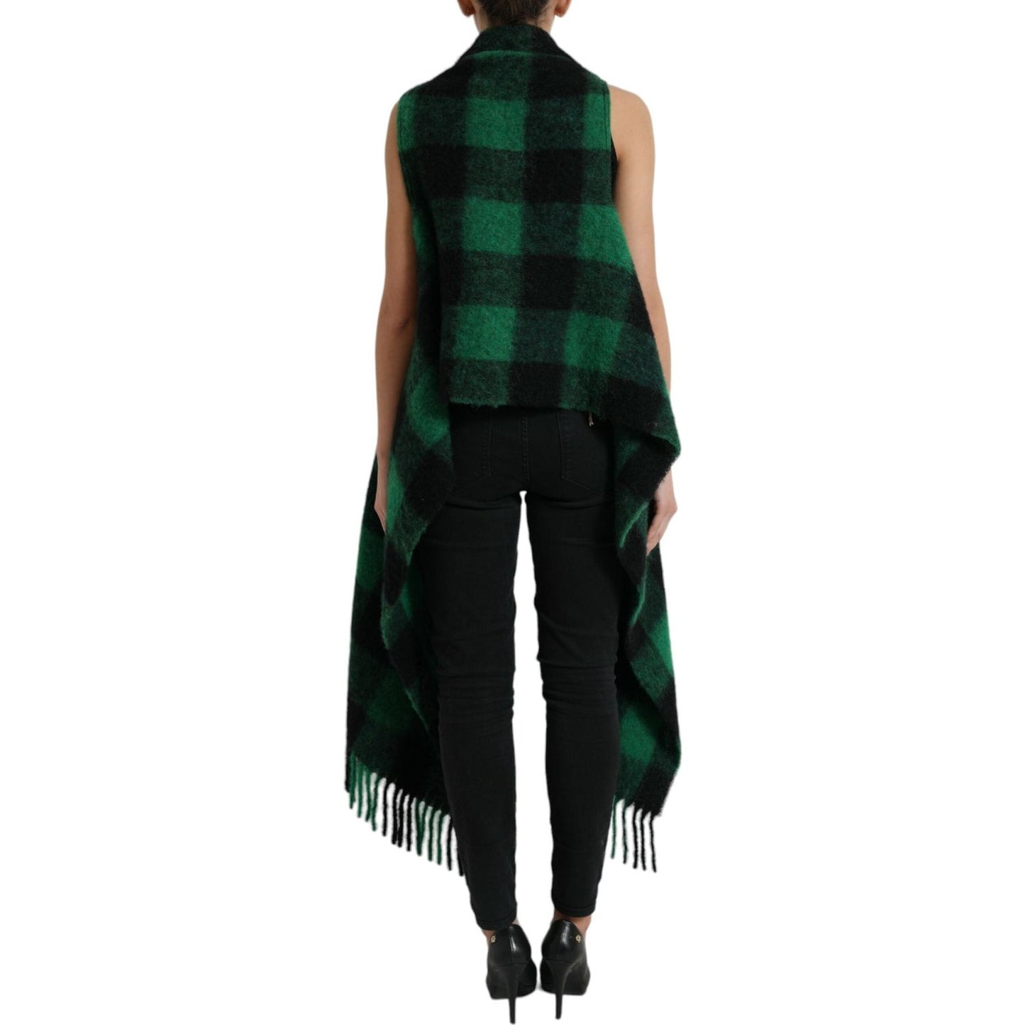 Dolce & Gabbana Elegant Checkered Poncho Jacket black-green-buffalo-check-poncho-coat-jacket