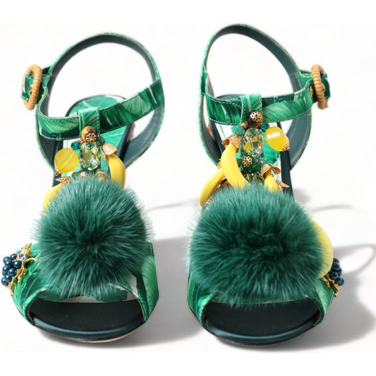 Green Crystal Mink Fur T-Strap Sandals