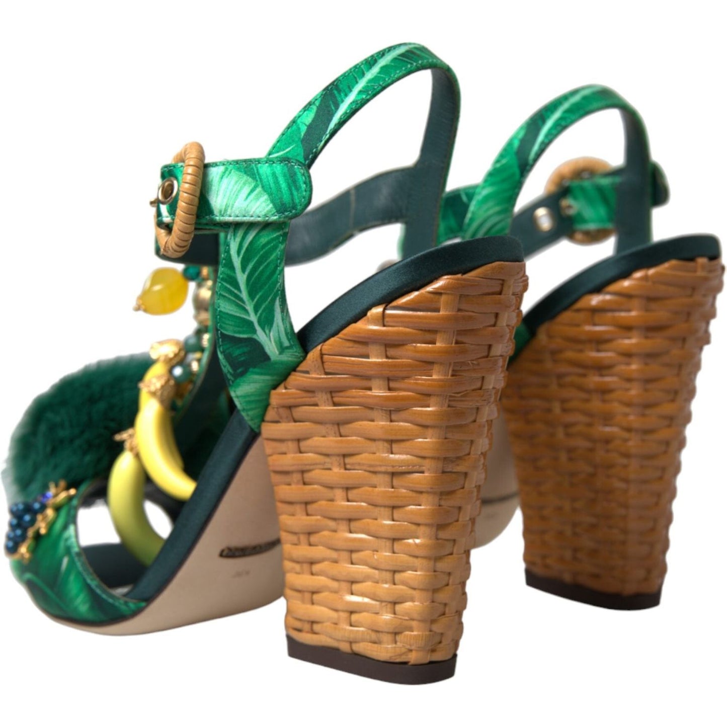 Green Crystal Mink Fur T-Strap Sandals