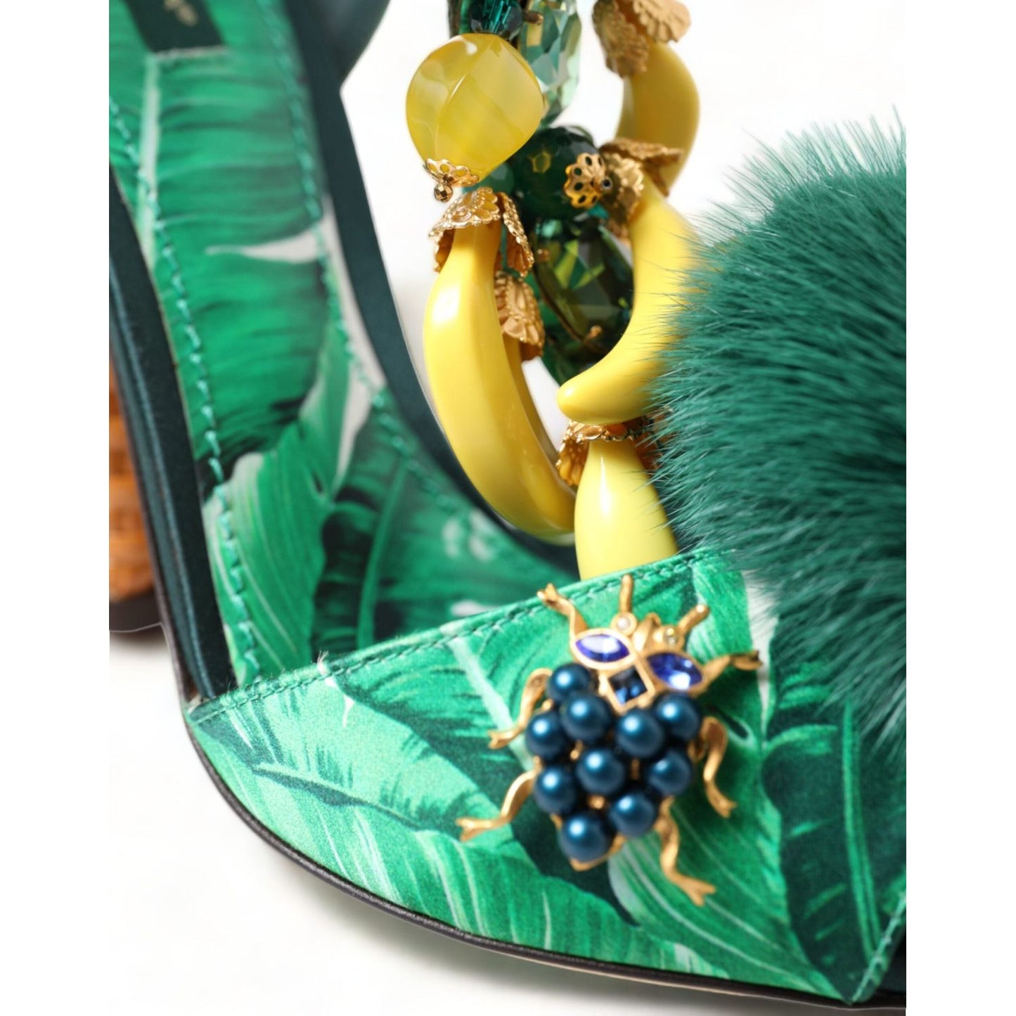 Dolce & Gabbana | Green Crystal Mink Fur T-Strap Sandals| McRichard Designer Brands   