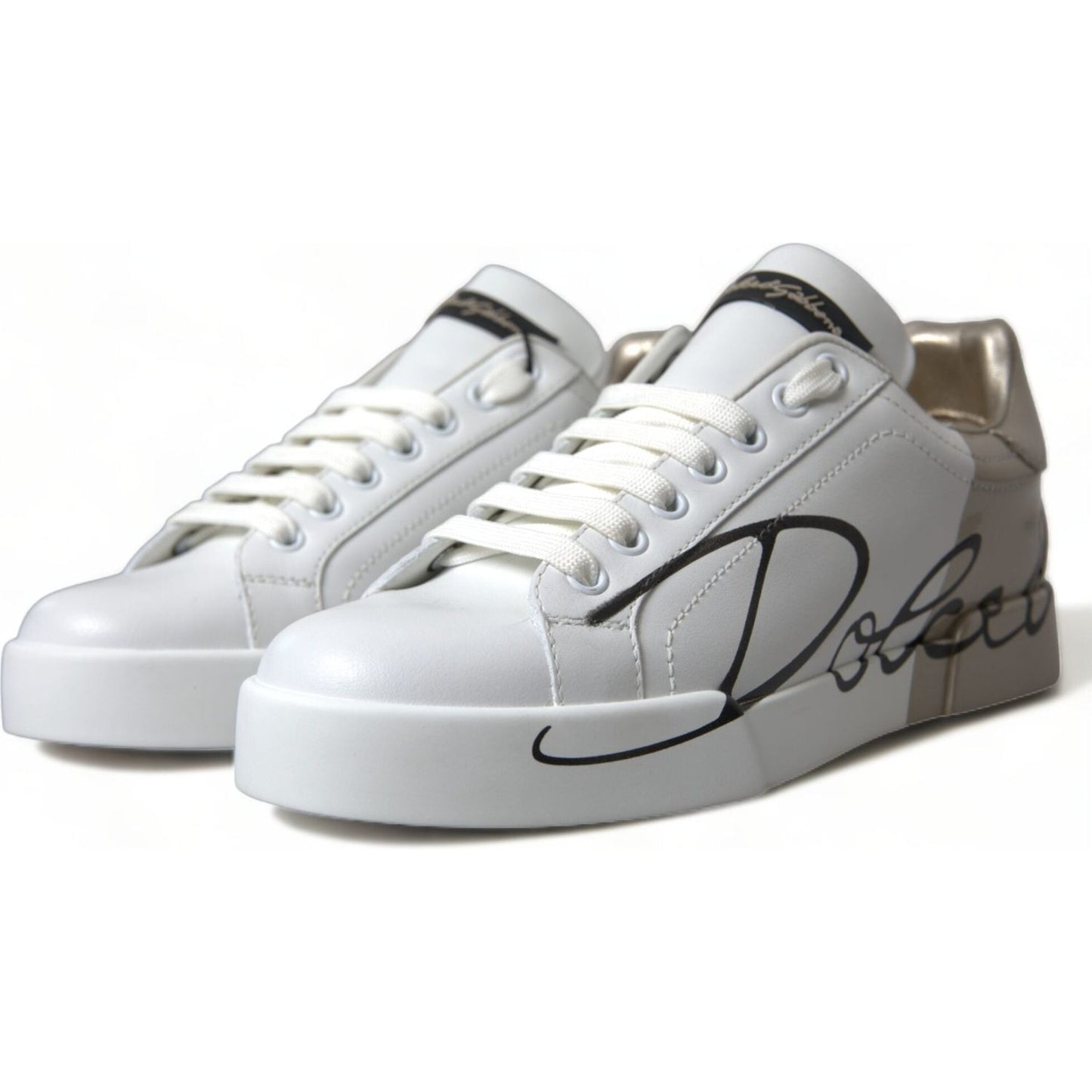 Dolce & Gabbana Elegant White & Gold Leather Sneakers white-gold-lace-up-womens-low-top-sneakers