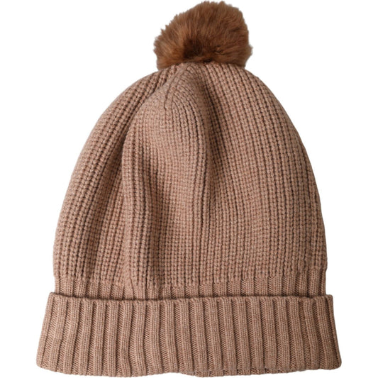 Brown Solid Knitted Fur Ball Winter Beanie Hat