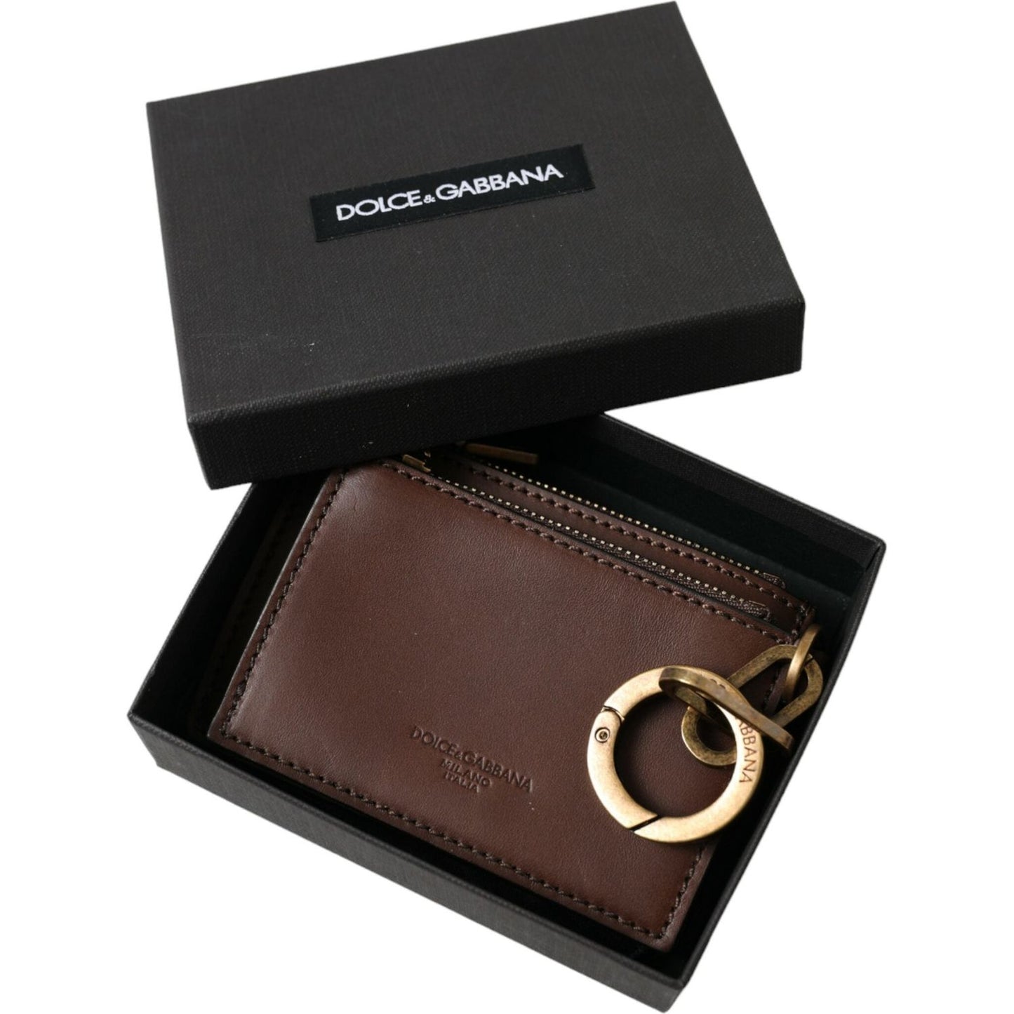 Dolce & Gabbana Brown Leather Zip Logo Keyring Coin Purse Keyring Wallet brown-leather-zip-logo-keyring-coin-purse-keyring-wallet
