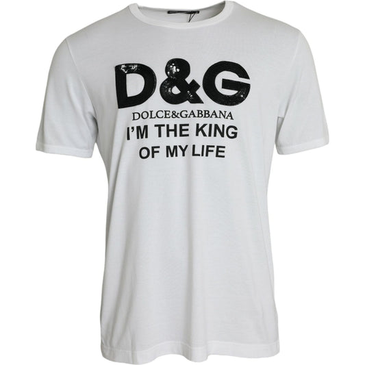 Dolce & Gabbana White D&G King Print Cotton Crewneck T-shirt white-d-g-king-print-cotton-crewneck-t-shirt