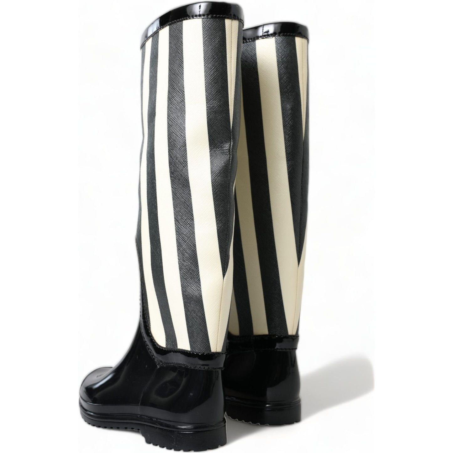 Dolce & Gabbana Black and White Striped Knee High Boots black-rubber-knee-high-flat-boots-shoes