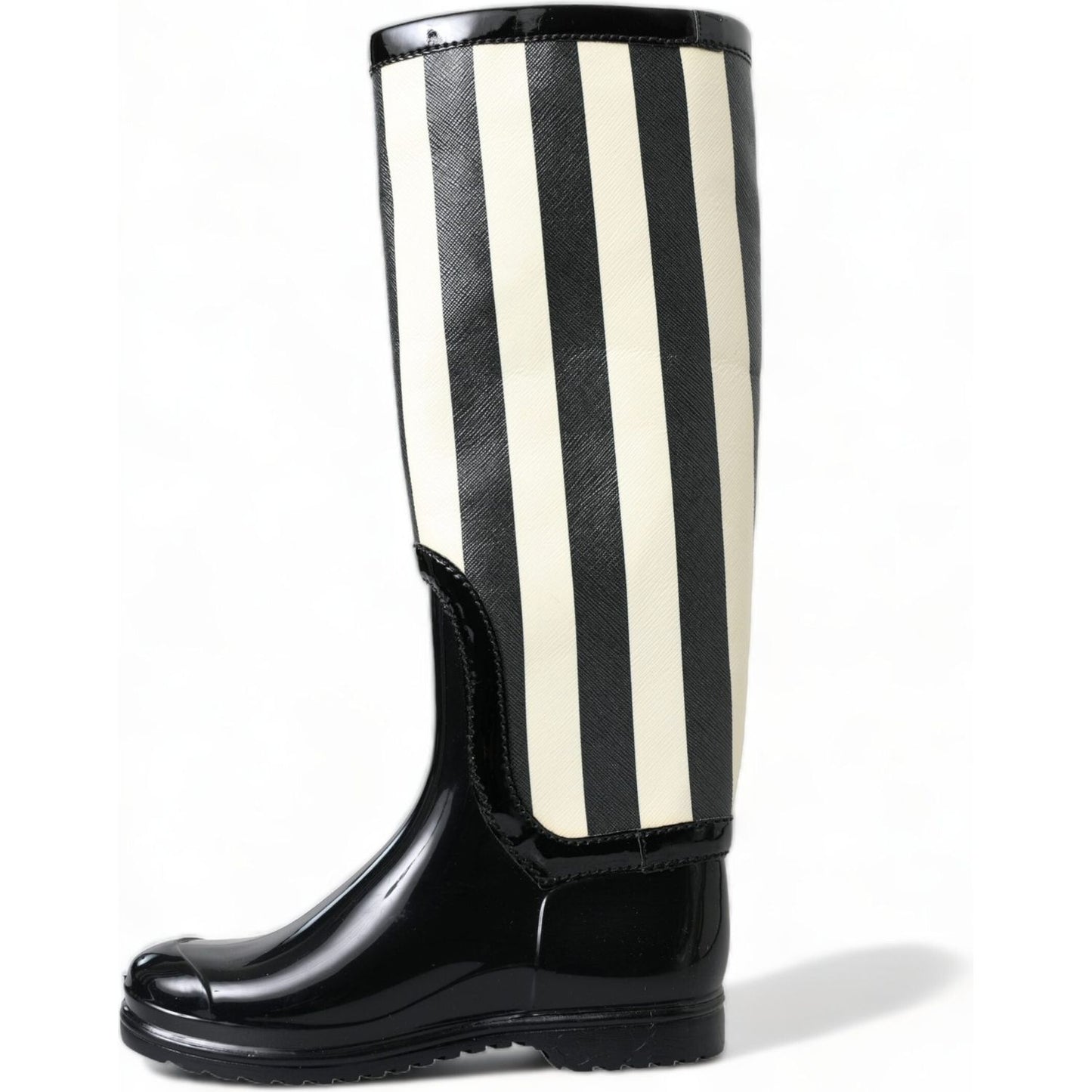 Dolce & Gabbana Black and White Striped Knee High Boots black-rubber-knee-high-flat-boots-shoes