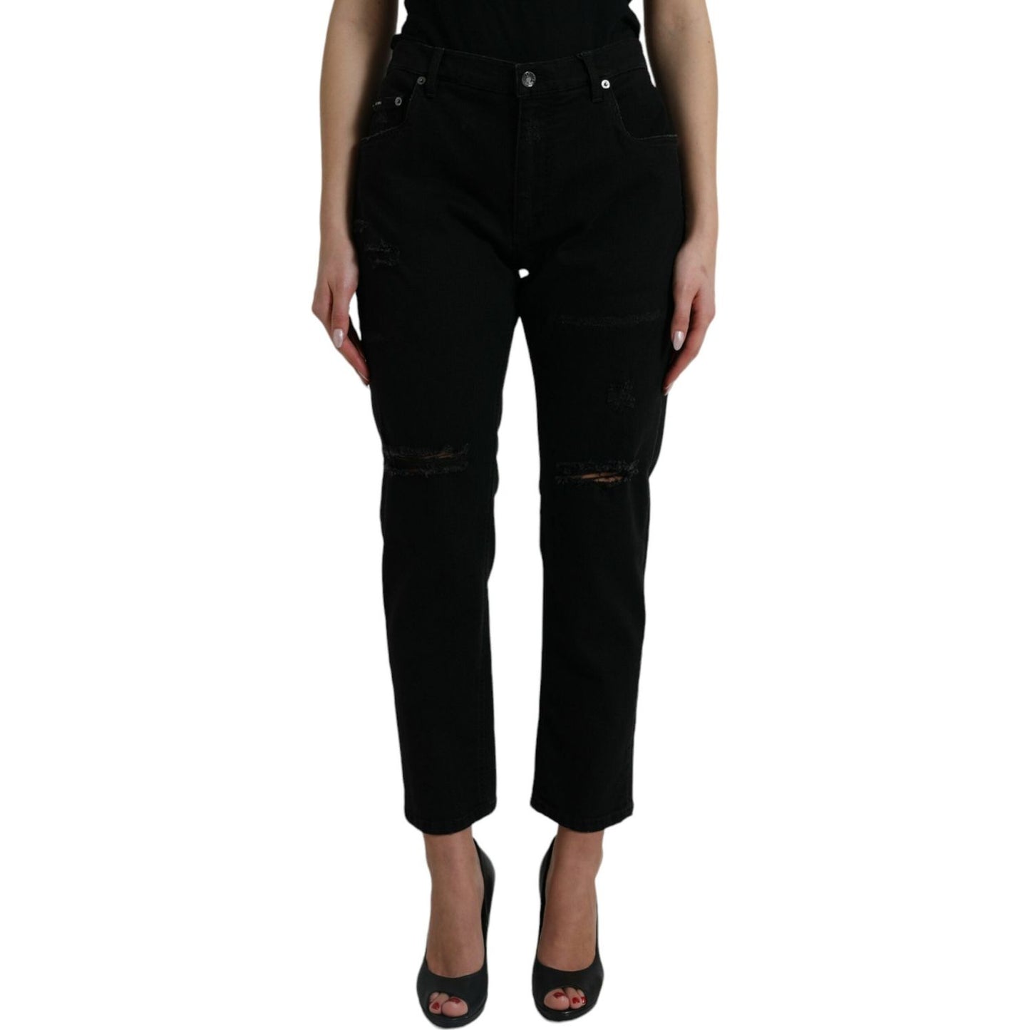 Dolce & Gabbana Elegant High Waist Black Stretch Jeans black-cotton-high-waist-tattered-denim-jeans-1