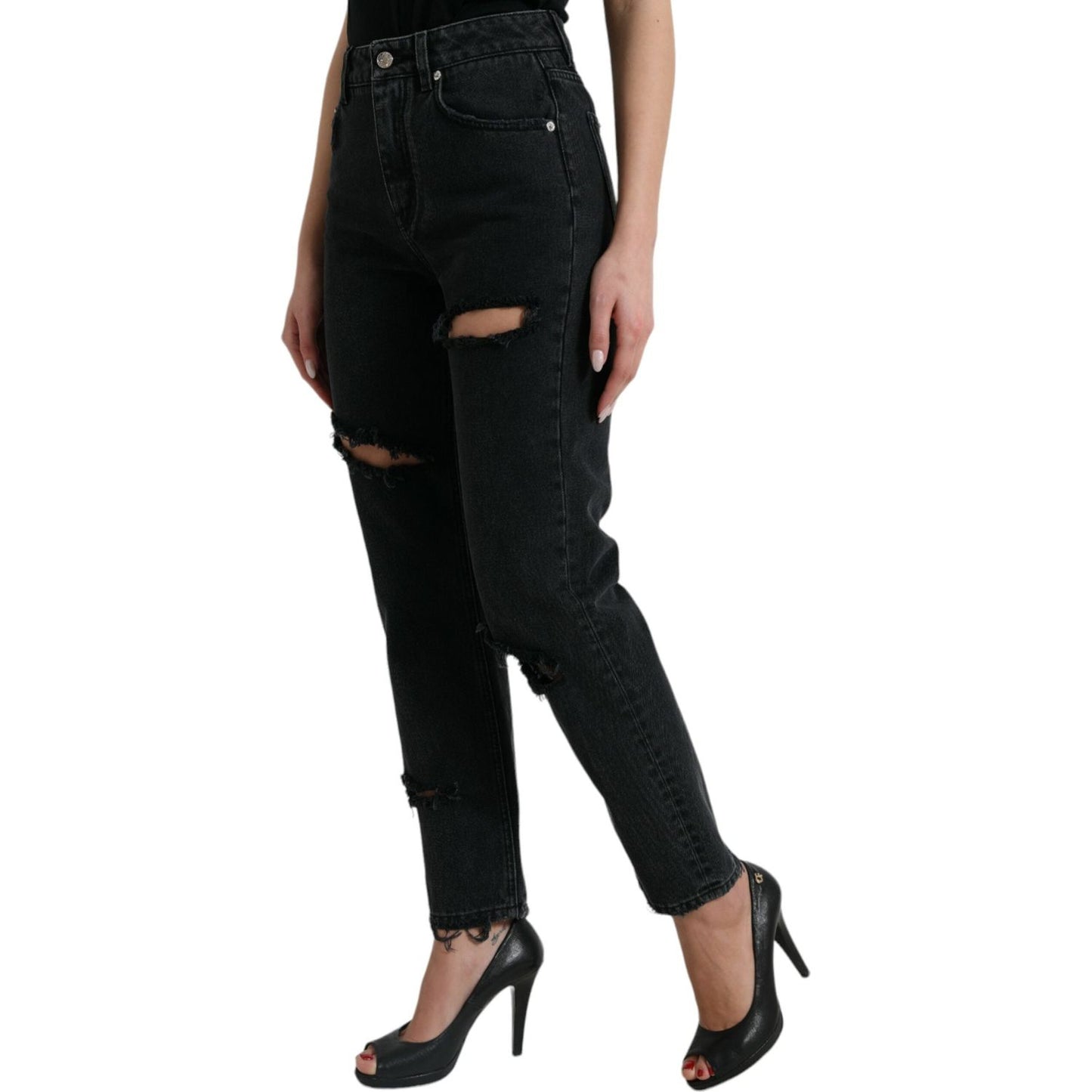 Dolce & Gabbana Elegant High-Waist Black Stretch Jeans black-cotton-high-waist-tattered-denim-jeans