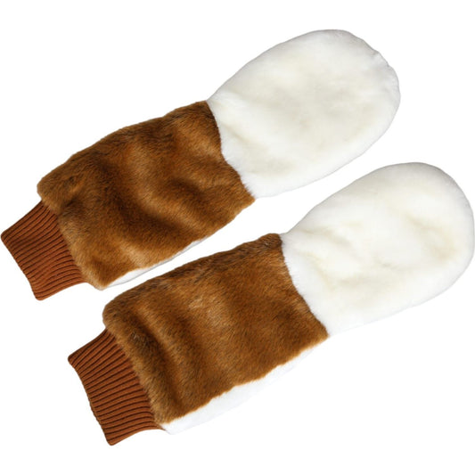 Brown White Acrylic Knitted Fur Mitten Gloves