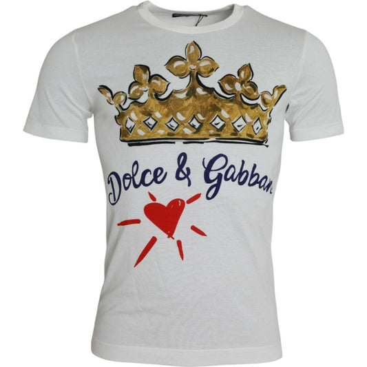Dolce & Gabbana White Gold Crown Print Cotton Crew Neck T-shirt white-gold-crown-print-cotton-crew-neck-t-shirt