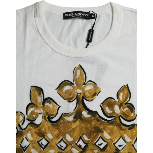 Dolce & Gabbana White Gold Crown Print Cotton Crew Neck T-shirt white-gold-crown-print-cotton-crew-neck-t-shirt