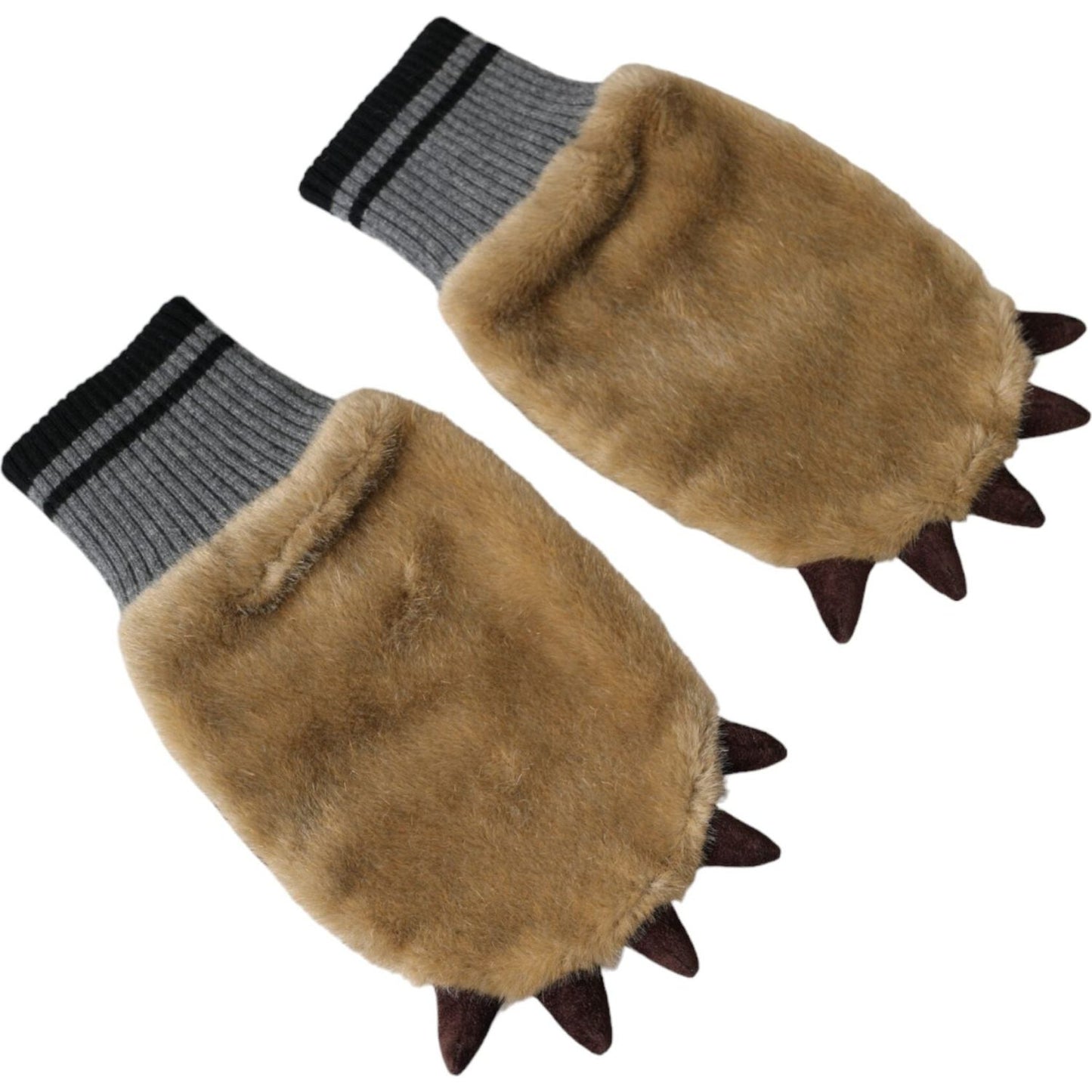 Beige Acrylic Knitted Fur Wrist Mitten Gloves