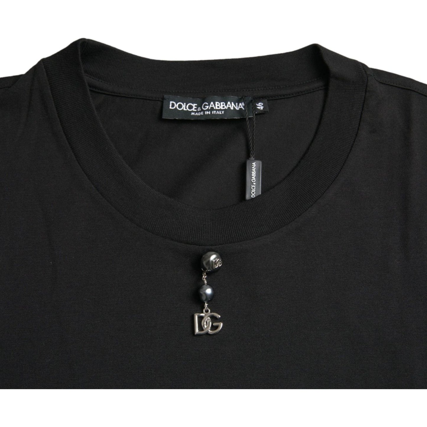 Dolce & Gabbana Black Embellished Cotton Crew Neck T-shirt black-embellished-cotton-crew-neck-t-shirt