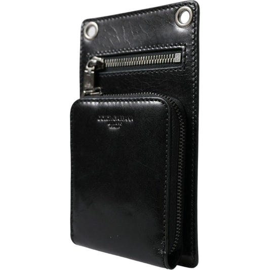 Black Calf Leather Zip Logo Shoulder Neck Strap Wallet