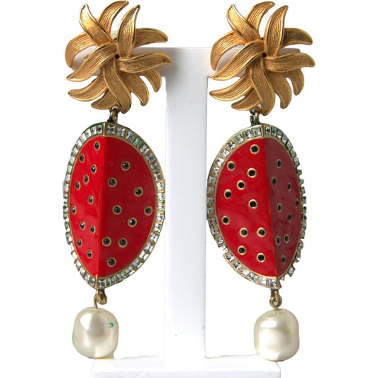 Dolce & Gabbana Radiant Red Watermelon Clip-On Earrings red-watermelon-gold-brass-crystal-clip-dangling-earrings