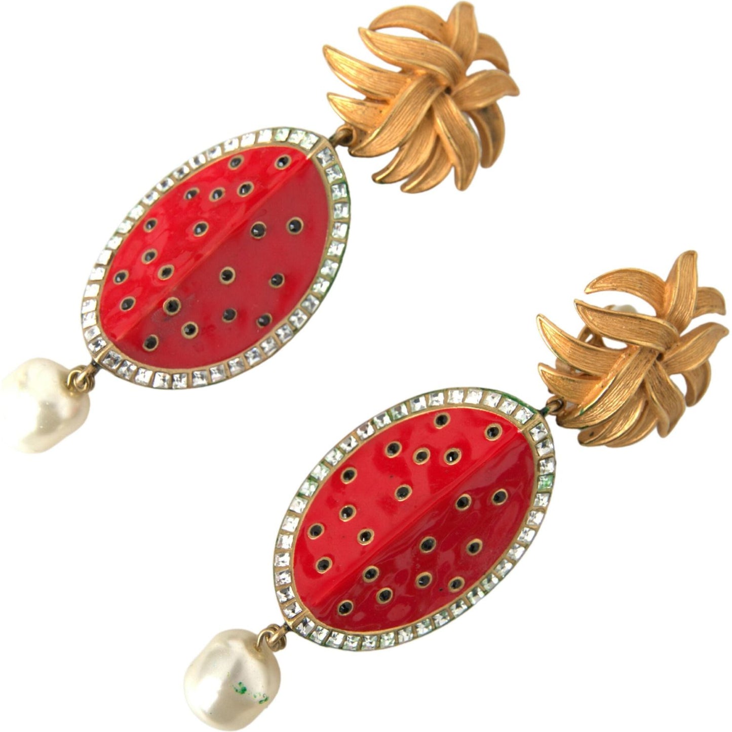 Dolce & Gabbana Radiant Red Watermelon Clip-On Earrings red-watermelon-gold-brass-crystal-clip-dangling-earrings