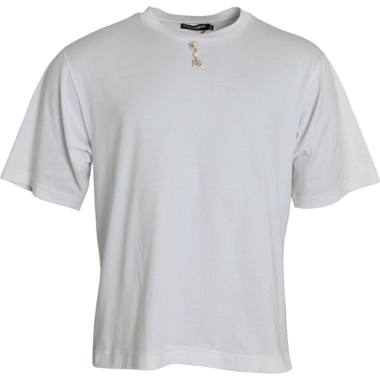 Dolce & Gabbana White Embellished Cotton Crew Neck T-shirt white-embellished-cotton-crew-neck-t-shirt