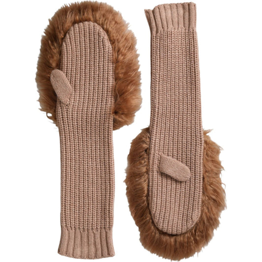 Brown Cashmere Knitted Fur Mid Arm Mitten Gloves