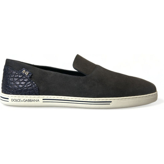 Dolce & Gabbana Elegant Blue Suede & Crocodile Slippers blue-suede-caiman-men-loafers-slippers-shoes