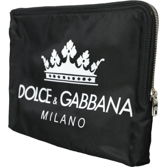 Dolce & Gabbana | Elegant Black Nylon Clutch with Crown Print| McRichard Designer Brands   