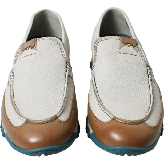 Dolce & Gabbana Elegant White Deerskin Loafers white-brown-leather-slip-on-men-moccasin-shoes