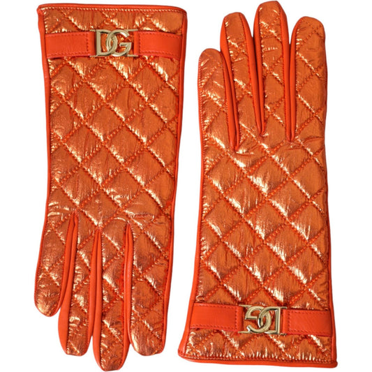 Orange Leather Quilted Wrist Length Gloves