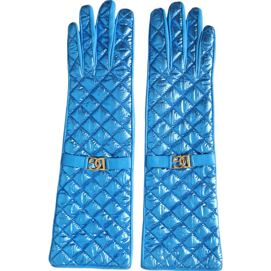 Blue Leather Quilted Mid Arm Length Gloves