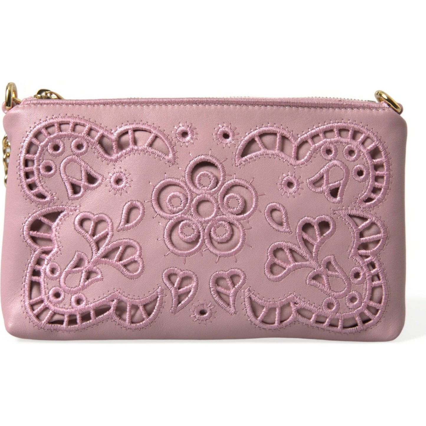 Dolce & Gabbana | Elegant Pink Leather Pouch Clutch with Floral Embroidery| McRichard Designer Brands   