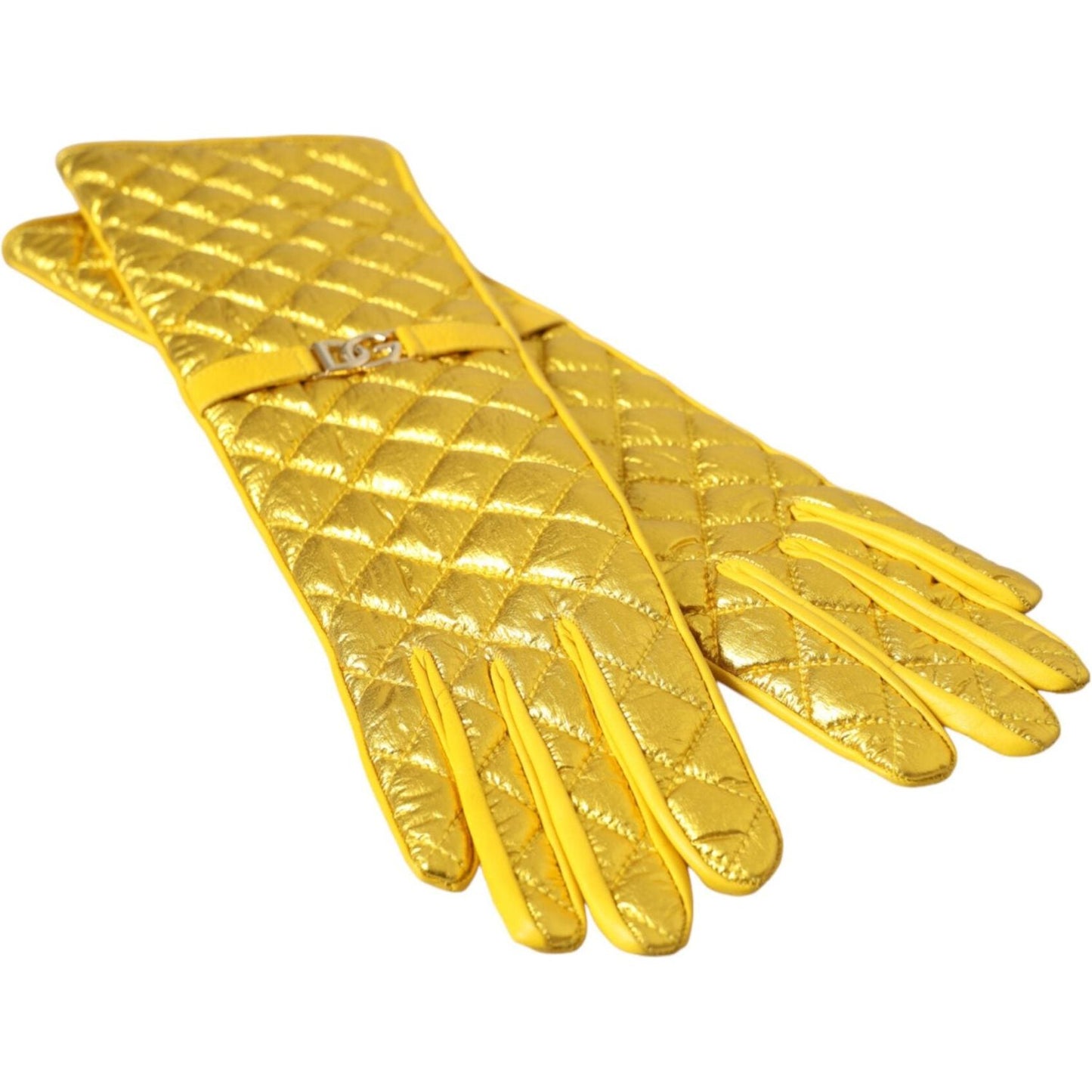 Gold Leather Quilted Mid Arm Length Gloves