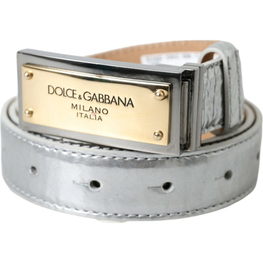 Dolce & Gabbana | Silver Leather Metal Logo Buckle Belt Men| McRichard Designer Brands   