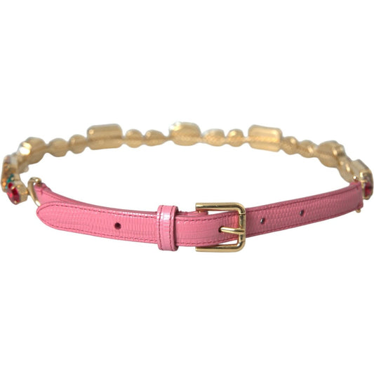 Dolce & Gabbana Pink Leather Crystal Chain Embellished Belt pink-leather-crystal-chain-embellished-belt