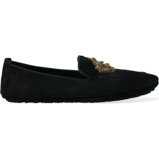 Dolce & Gabbana Black Calfskin Loafers with Crystals black-leather-crystal-crown-loafers-shoes