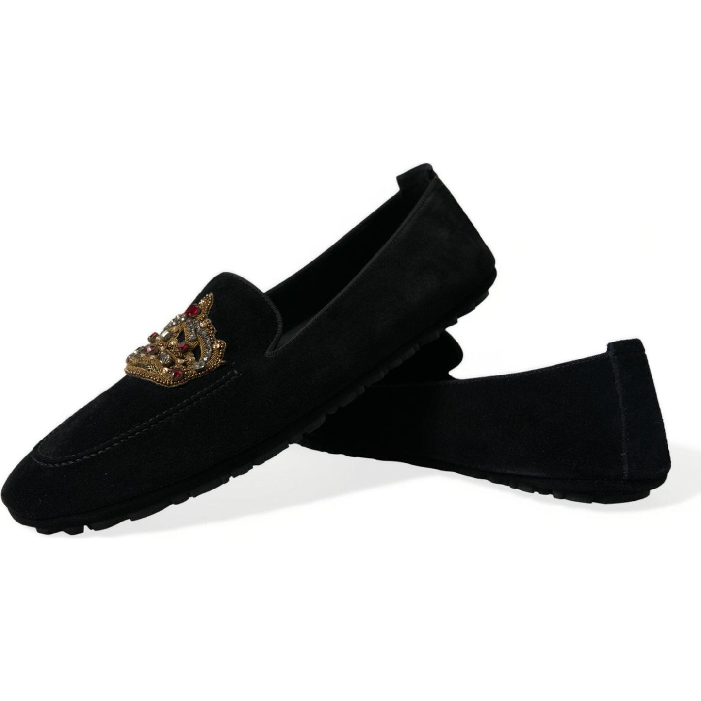 Dolce & Gabbana Black Calfskin Loafers with Crystals black-leather-crystal-crown-loafers-shoes