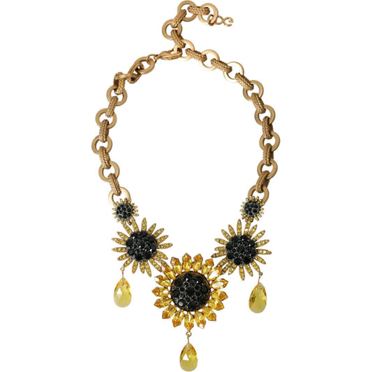 Gold Tone Brass Sunflower Crystal Embellished Necklace