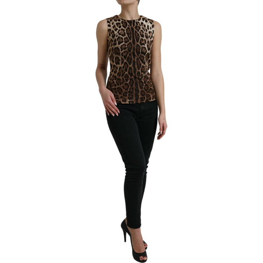Dolce & Gabbana Sleek Leopard Print Silk-Blend Tank Top brown-leopard-cotton-sleeveless-tank-top