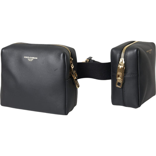 Black Calfskin Leather Double Waist Belt Fanny Pack Bag