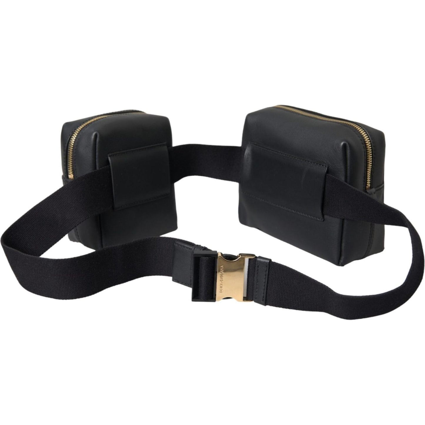 Black Calfskin Leather Double Waist Belt Fanny Pack Bag