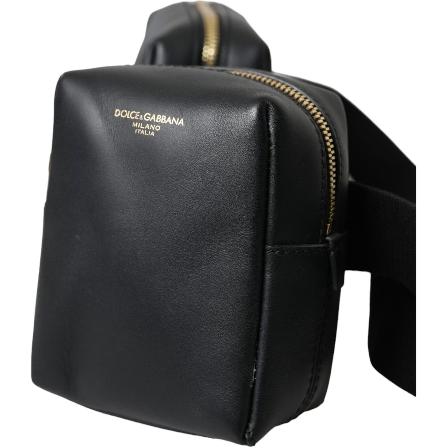 Black Calfskin Leather Double Waist Belt Fanny Pack Bag
