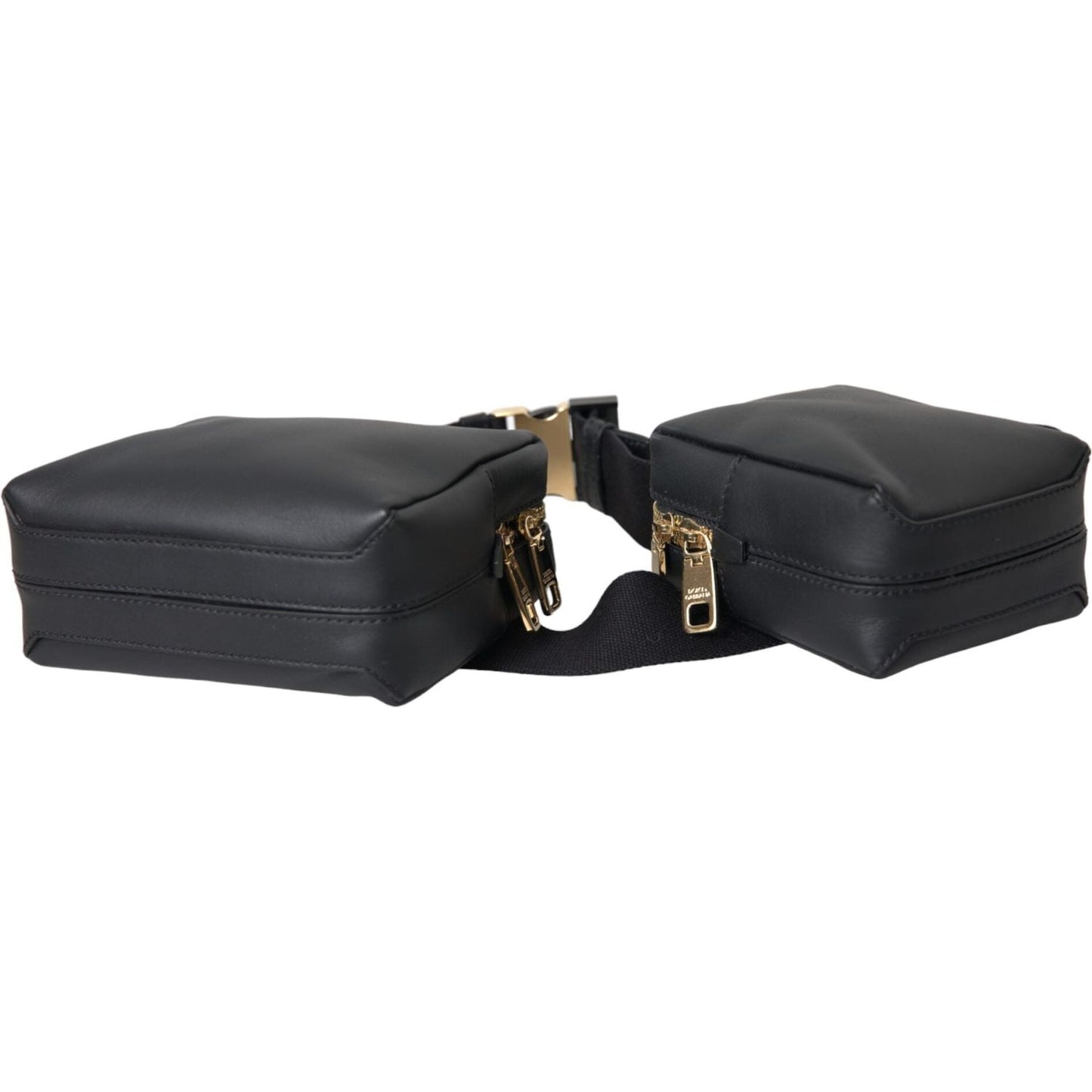 Black Calfskin Leather Double Waist Belt Fanny Pack Bag